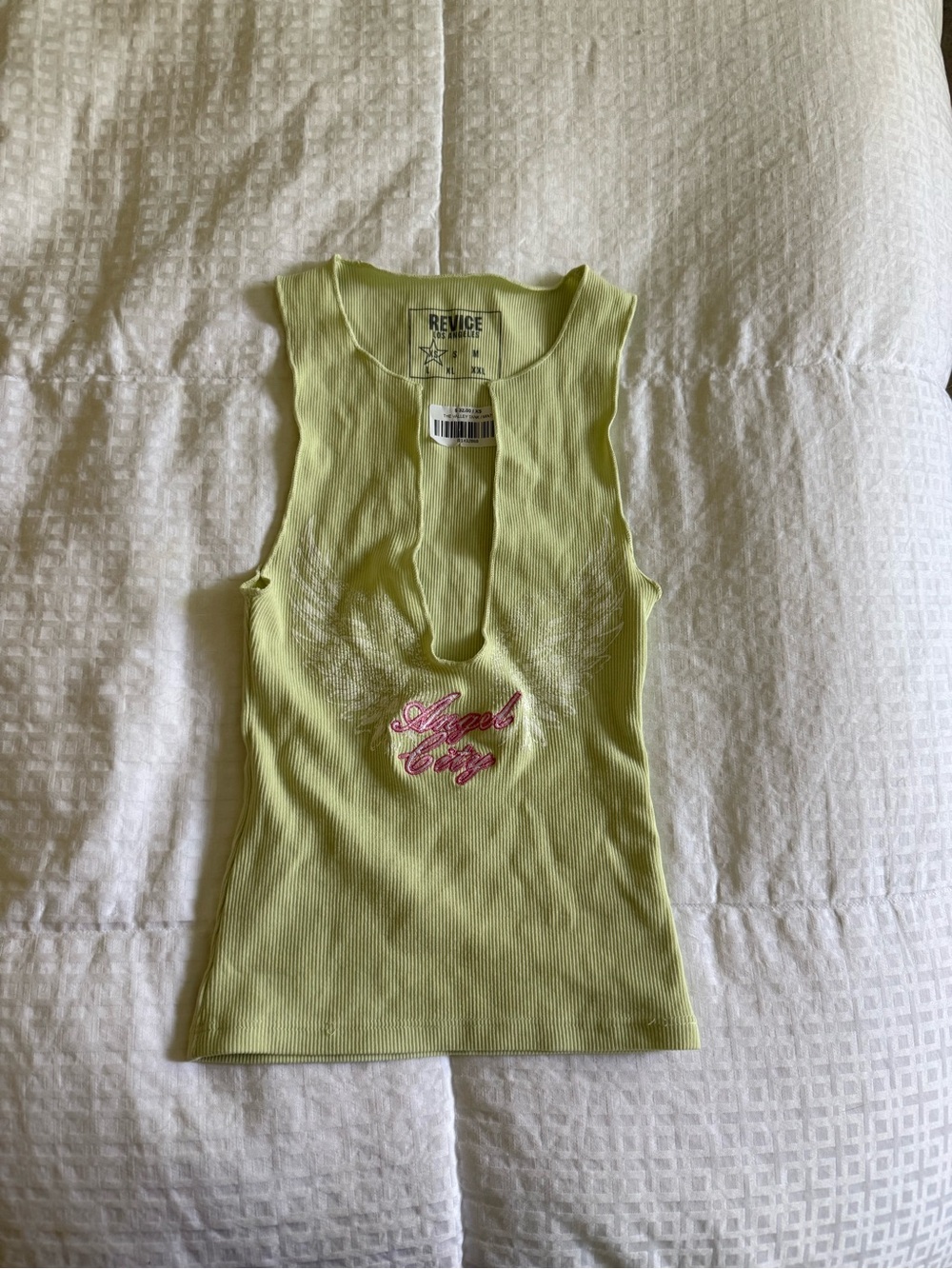 REVICE Lime Green Ribbed Tank with Pink 'Angel City' Embroidery